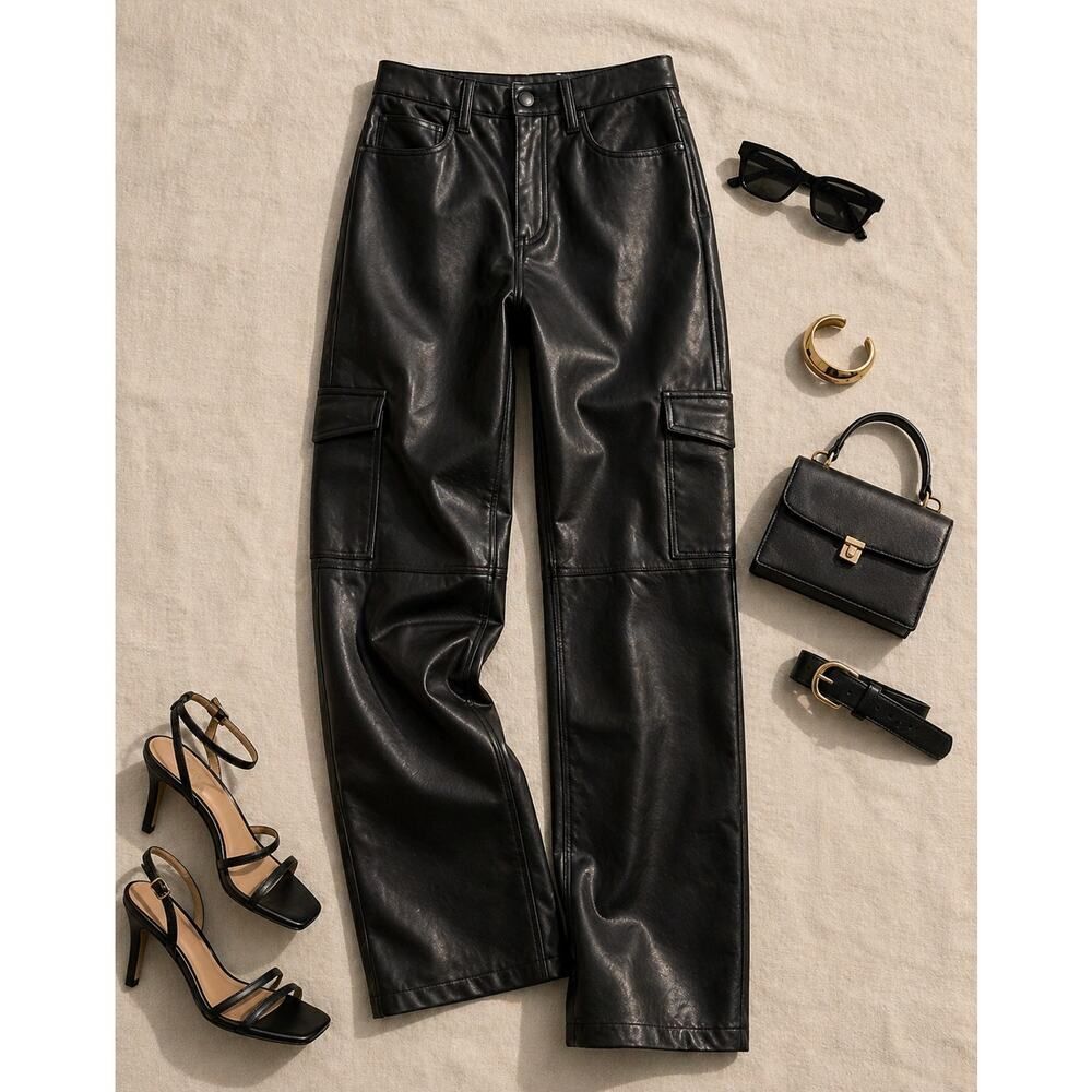 Abercrombie & Fitch Vegan Leather Straight Leg Pants Black High Rise Cargo 28L